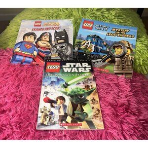 Lot of 3 LEGO Softcover Scholastic books Star Wars, Superheroes Mystery Express